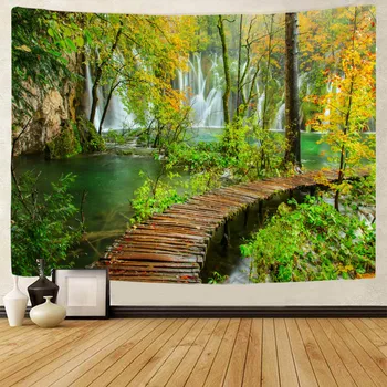 Dabas ainava liels gobelēns sienas karājās ūdenskritums meža koka tilts Bohēmas istaba mākslas apdare segu karājas audums