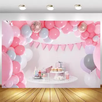 Rozā Baloni, Lokveida Durvju Torte Galda Dekorēšana Backdrops Foto Jaundzimušo Bērnu Dušas 1ST Birthday Party Banner Fonu