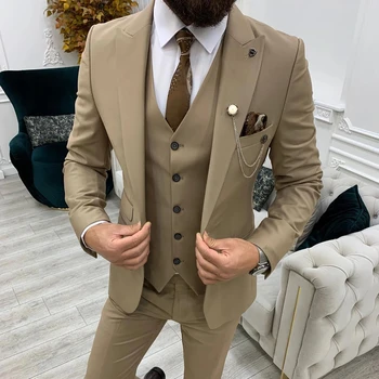 Jaunas Slim Fit Kāzu Uzvalki Vīriešiem 3 Gabals Komplekts Labākais Cilvēks Līgavainis Uzvalku Oficiālās Vakariņas Balles Tērps Vīriešu Apģērbu ( Žakete+Veste+Bikses )