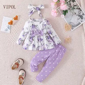 VIPOL Zīmola Baby Meitenes Apģērbu Komplekts Ziedu Drukāt Krekls Dot Elsas Galvu Gabals Piemērots Jaundzimušajiem Pavasarī, Rudenī, Zīdaiņu Apģērbs