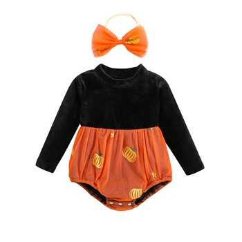 Baby Toddler Meitenes Halloween Tērpi garām Piedurknēm Romper Ķirbju Raibs Acs Jumpsuit ar Galvu 2gab