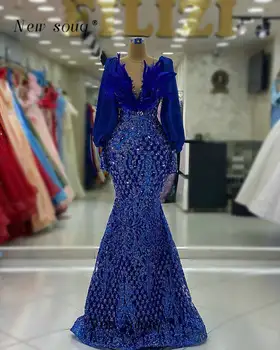 Dubai Spalvas Royal Blue Mermaid Vakara Kleitas ar Elsojošs garām Piedurknēm Moderns Shimmering Sequined Oficiālu Ceremoniju Puse Kleitas