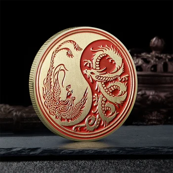 Yin-Yang Tai Chi Dragon Phoenix Zelta Monētas 3D Medaļu Suvenīru