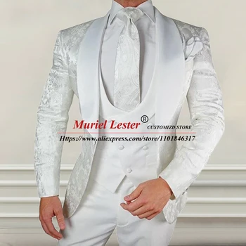 Balti Uzvalki Vīriešu Kāzu Ziedu Žakete Iestatīt Pielāgotu 3 Gabali Līgavainis Valkā Tuxedos Oficiālas Personas Banketa Kleita Vīriešu Modes