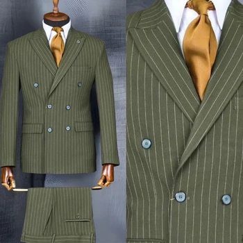 Zaļā Vīriešu Uzvalki pielāgotas 2 Gabali, Žakete, Bikses Dubultā Krūtīm, Biznesa Pinstripes BusinessWedding Līgavainis Pielāgota Plus Lieluma