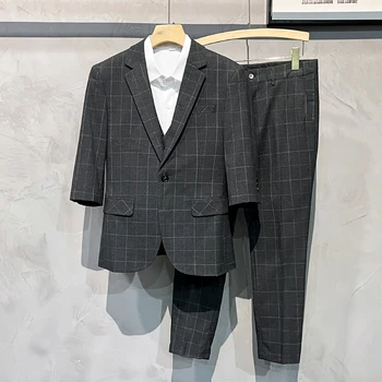 Vīriešu vidū-garuma piedurknes uzvalks (Žakete+ veste + bikses) Modes biznesa tendence skaists septiņu punktu piedurknēm Žakete trīs gabals uzvalku