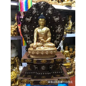 55CM liela misiņa Budas statuja iestatījumu platforma, 30cm augstas kvalitātes kokgriezums Sakiamuni Buda statuja ģimenes efektīvu aizsardzību