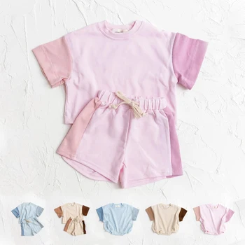 2023 Jauno Vasaras Gadījuma T-krekls korejas Zēnu un Meiteņu Īsās Piedurknes Šorti Jaundzimušo Modes Kontrasta Krāsu Divas Gabals Baby Set