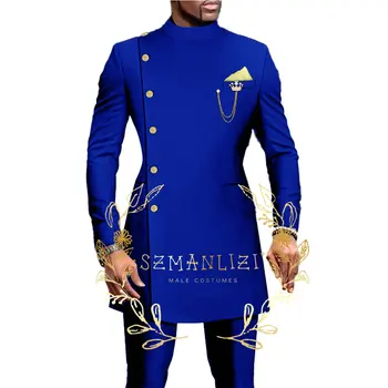 2023 Āfrikas Royal Blue Kostīmi Vīriešu Slim Fit Balli Puse Kāzu Groomsmen Līgavainim Uzvalks, Smokings 2gab Kostīmu Homme Žakete, Bikses