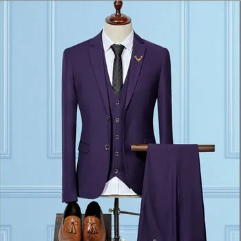 Modes Purpura Tērps Vīrieši, Kas 2019 Balli Kāzu Vakariņas Vīriešu Uzvalku Groomsmen Žakete Līgavainis Uzvalku 2 Pogas Mētelis (Jaka+Bikses+Veste)