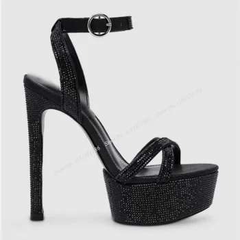 Abesire Black Crystal Platformas Sandales Sprādzi Potītes Stabilu Plānas augstpapēžu Kurpes Sieviešu Kurpes uz Papēžiem Zapatos Para Mujere