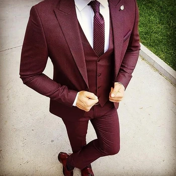 3 Gabals Bordo Uzvalki Vīriešiem 2023 Slim Fit Kāzu Žakete Groomsmen Balli Puses Smokings Elegants Uzvalks (Žakete+Veste+Bikses)