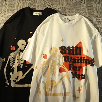 Amerikāņu hiphop retro skelets kokvilnas īsām piedurknēm t-krekli, sieviešu un vīriešu vasaras zaudēt gadījuma Pāris kostīmu y2k top apģērbs
