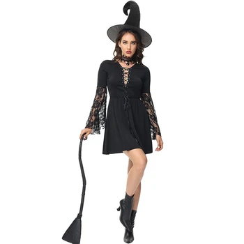 2023 Halloween Sieviešu Klasiskais Melns (Classic Black Sexy Raganu Kostīmu Karnevāla Darbības Kleita Sievietēm Mežģīnes, Kas Peld Ar Raganu Lomu Spēles Kleita