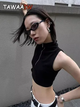 Tawaaiw Black Streetwear Bez Piedurknēm Tvertnes Augšpusē Sieviešu Kultūraugu Top Rāvējslēdzēju Apgriezts Feminino 2023 Vasaras Korejas Modes Y2k Sexy Veste