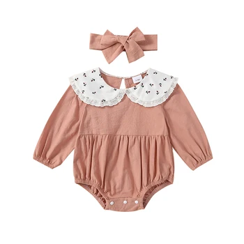 MALCIKLO Baby Girl 2gab Kritums Apģērbu ar garām Piedurknēm Lelle Apkakles Ziedu Drukāt Romper ar Galvu Komplekts Zīdaiņu Drēbes