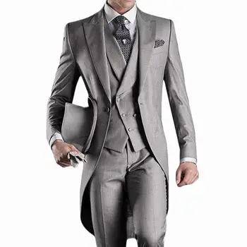Pelēka Kāzu Vīriešu Uzvalku 3 Gabals Līgavainis Uzvalku Gara Žakete Labākais Cilvēks Oficiālu Balli Vīriešu Uzvalki Modes Tērpu Homme (Žakete+Veste+Bikses)