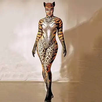 Naktsklubs, Bārs Skatuves Deju Tērpu Halloween Cosplay Tiger Drukāt Ilgi Jumpsuit Darbības Kostīms Sieviešu Kostīms Puse