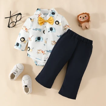 Jaundzimušais Zēns, Kungu Apģērbu Ar Garām Piedurknēm Dzīvnieku Print Bowtie Krekls, Bikses Set 2 Gabals Baby Boy Apģērbs