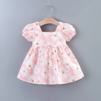 Baby Meitenes Gadījuma Ziedu Grafiskais Izdrukāt Puff Piedurknēm Bowknot Atpakaļ Kleitu, Drēbes Vasarai