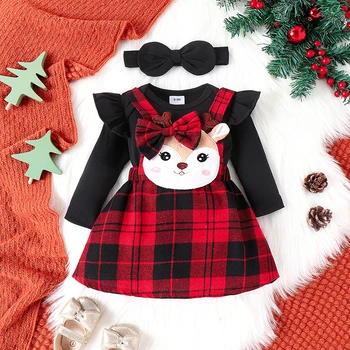 Baby Girl Ziemassvētku Tērpiem, vienkrāsainu garām Piedurknēm Kombinezonus Briežu Plāksteris Pleds Zeķu Svārki, Galvas 3Pcs Apģērbu Komplekts