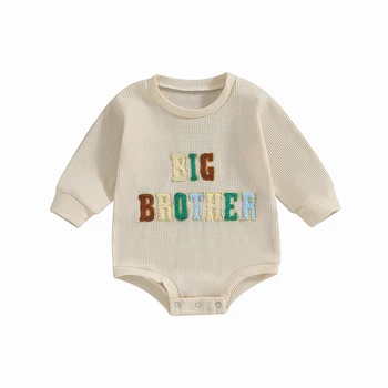 Baby Boy Kombinezonus Ar Garām Piedurknēm Ar Apaļu Kakla Vēstuli Izšuvumi Bodysuit Jaundzimušo Kritums Apģērbu
