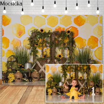 Mocsicka Bišu Dienas Kūka Sagraut Backdrops Saulespuķes Bišu Medus Bērniem 1. Dzimšanas dienas Foto Studija Foto Foni