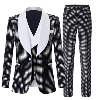 Boutique Vīriešu Uzvalks (Žakete + Veste + Bikses), Šiks Biznesa itāļu Stilā Polka Dot Iespiesti Eleganta, pieguļoša Žakete 3 Gabals Komplekts