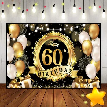 Laimīgs 60. Dzimšanas dienas svinības Tumši Zilā Zelta Balonu Fons Vīriešiem Sešdesmit Fotogrāfijas Fona Mirdzēt Dimantu 60. Banner Dekori