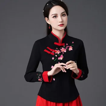 Pavasara Vasaras Kokvilnas Veļa, Izšūšana Ķīniešu Stila Krekls Sievietēm, Valsts Vintage Modes Top Gadījuma Eleganci 2023. Gadam Ķīna Apģērbi