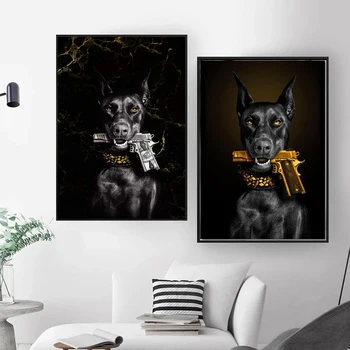 5D DIY Dimanta Glezniecības, Zīmēšanas Suns ar Zelta Pistoli Izdrukas Suns Mākslas Audekls Doberman Sienas Art Pictures Sienas, lai Dzīvojamā Istaba