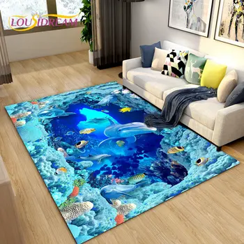 3D Gultnes Ilūziju Zemūdens Pasaules Delfīnu Haizivs Jomā Paklājs,Paklājs, Paklājs, lai Dzīvojamā Istaba Guļamistaba, Dīvāns Doormat,neslīdošu Grīdas Paklājs