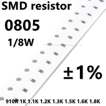 (100gab) augstākās kvalitātes 0805 SMD rezistors 1% 910R 1K 1.1 K 1.2 K 1.3 1.5 K K 1.6 K 1.8 K 1/8W 2.0 mm*1.2 mm